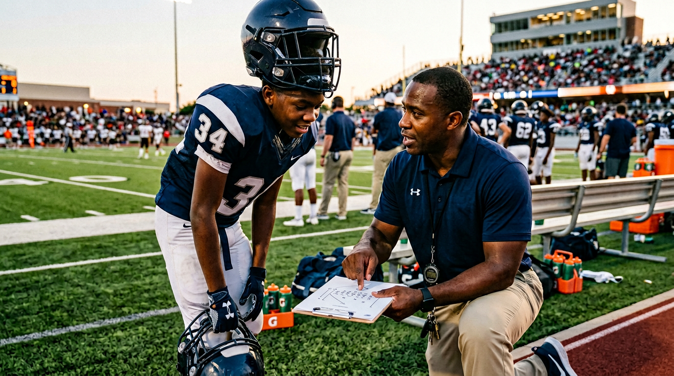 Coach D talking with an athlete on the sideline